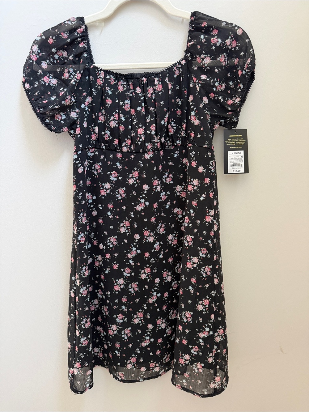 NWT Girls Art Class Black Floral Puff-Sleeve Dress Sz 10/12